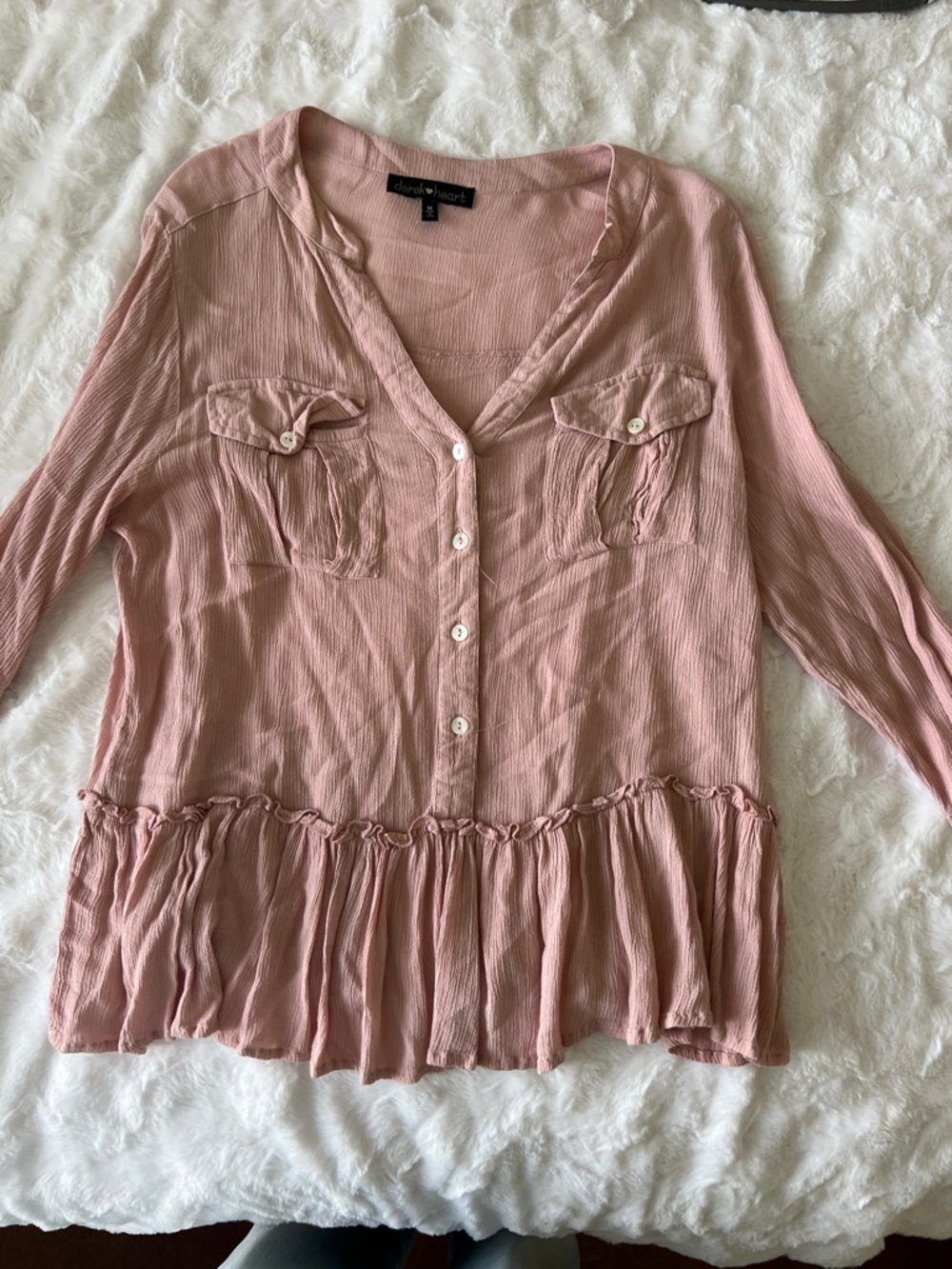 Derek heart Blush Pink Button-Front Ruffle Hem Blouse